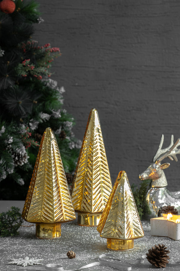 Gold | Led Fitted Glass Christmas Tree | Set of 3