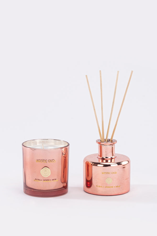 Mystic Oud Set Of 2 | Metallic Rose Gold | Scented Candle & Diffuser | Floral, Jasmine, Musk