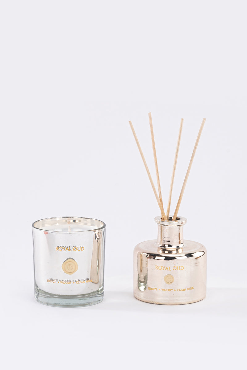 Royal Oud Set Of 2 | Metallic Silver | Scented Candle & Diffuser | Fir Balsam, Woody, Clean Musk